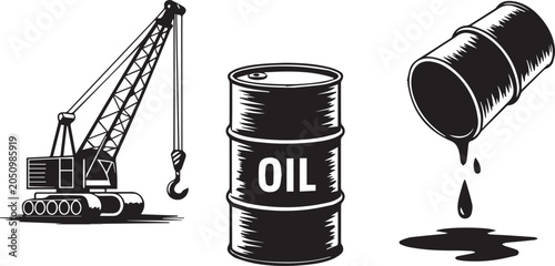 black and white illustration of crane oil barrel and oil can