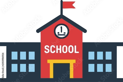 Foto Illustration of a School Building with Clock and Flag on Top.