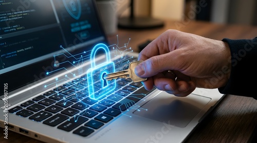 Cybersecurity concept with glowing digital lock and hands typing on laptop keyboard for secure data protection and network safety