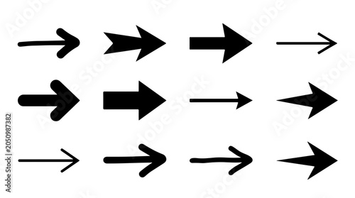 Foto Various right-pointing arrows, silhouette style black arrows