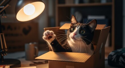 Adorable tuxedo cat peeking out of a cardboard box, raising a paw in a playful greeting.