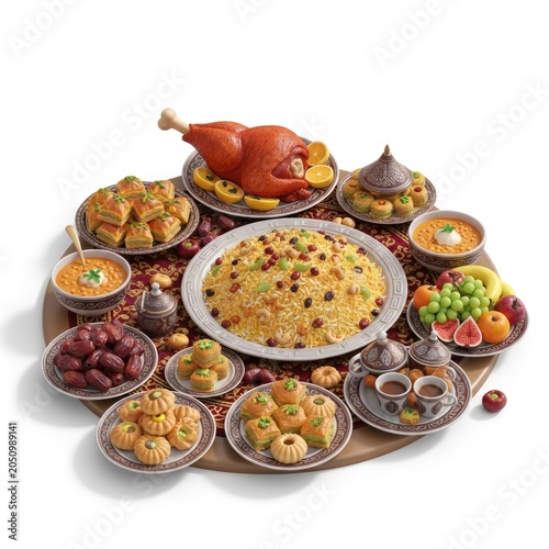 Traditional Middle Eastern Iftar Feast with Roasted Chicken, Rice, Dates, and Desserts.