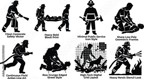Tableau sur toile Firefighter and rescue service vector collection with first responder silhouette