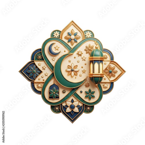 Intricate Islamic Geometric Art with Crescent Moon and Lantern.