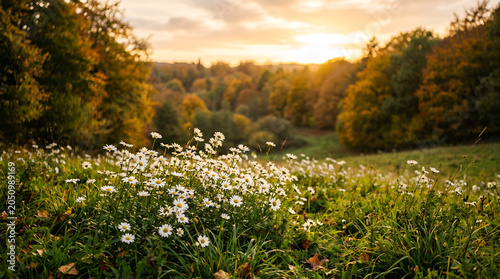 Early evening sunlight. Majestic nature daisy flowers. Golden soft green sunset colors white blossoms stunning defocused panoramic lush foliage landscape. Enchanting autumn forest closeup meadow flora