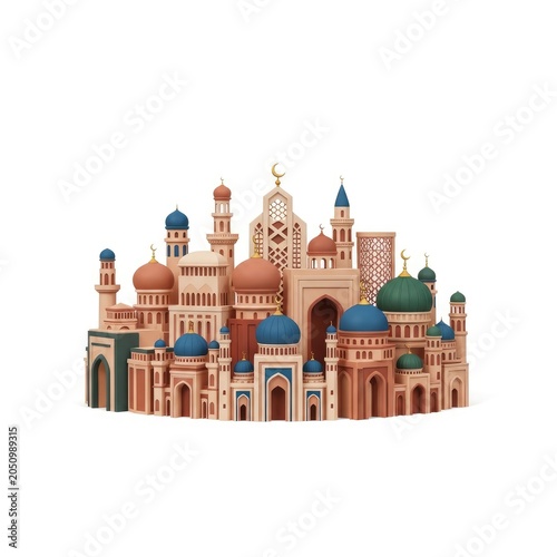 Intricate Islamic Cityscape with Domes and Minarets.