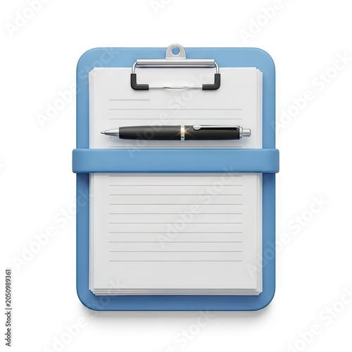 Blue Clipboard with Pen and Paper Isolated on White Background.