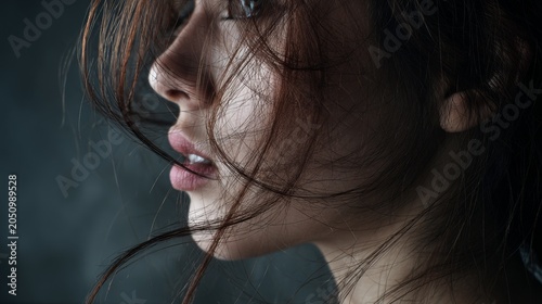 Moody close up portrait of woman with windswept hair