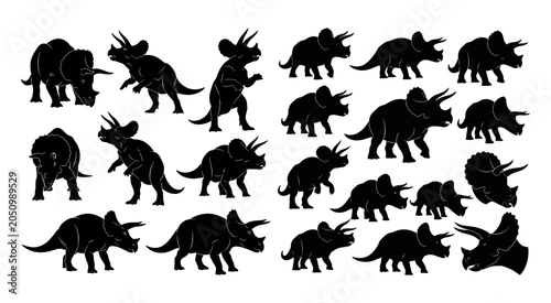 Triceratops Silhouettes Collection Black Shapes On White Background dinosaur reptile