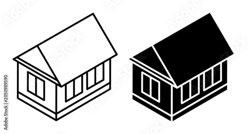 Linear isometric icon. Cozy one story residential house for a summer cottage or individual housing construction. Simple vector isolated on white background