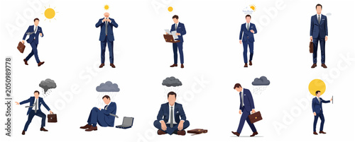 Cuadro en lienzo Businessman character set with weather icons illustrating career ups and downs, success, stress, and depression concept