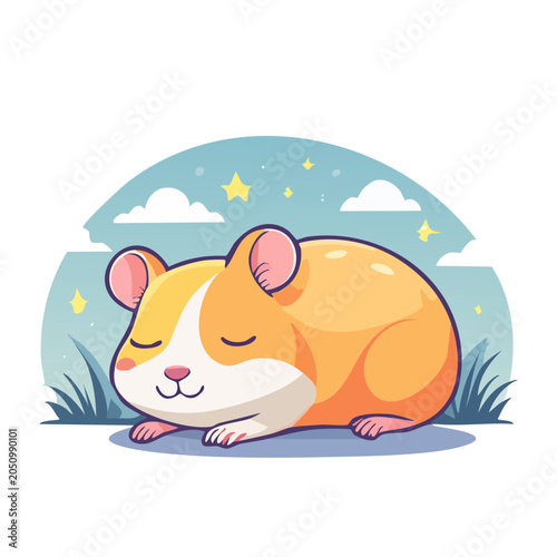 Cute hamster sleeping peacefully under starry night sky