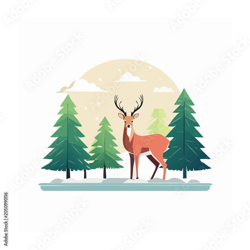 Deer standing in a snowy forest with pine trees