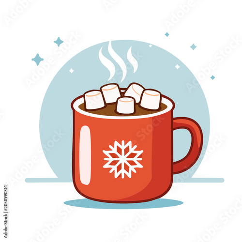 Red mug of hot chocolate with marshmallows and snowflake