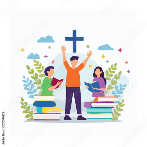 People reading books under a cross