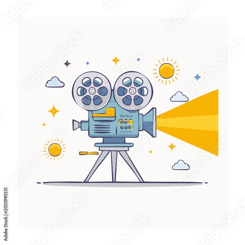 Retro film projector with light beam and celestial elements