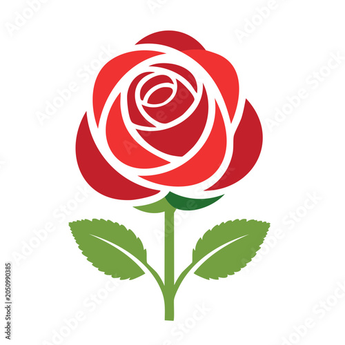 Stylized red rose with green leaves on white background