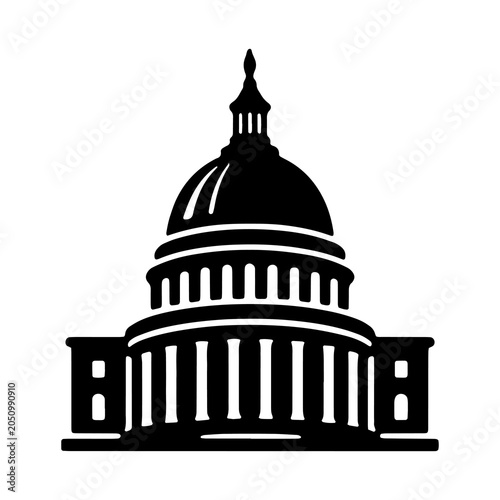 Black and white vector icon of the united states capitol building dome with government, building