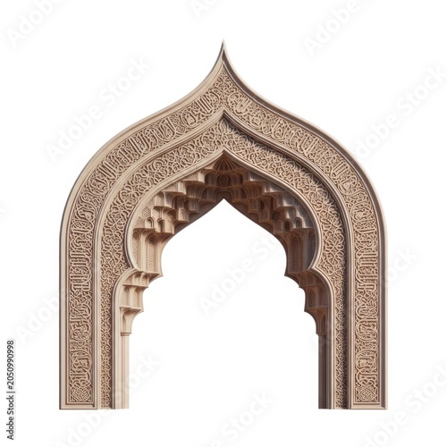 Intricate Islamic Archway with Detailed Carvings Isolated on White Background.