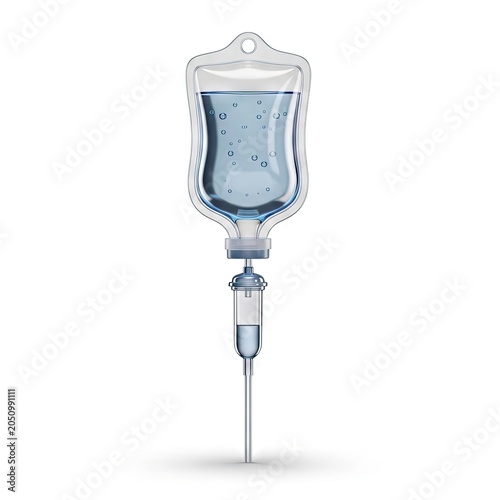 Medical IV Drip Bag with Saline Solution Isolated on White Background.