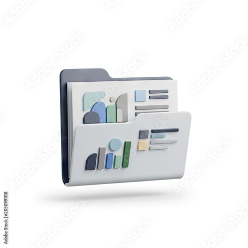 3D Rendered Folder Icon with Business Data and Charts.