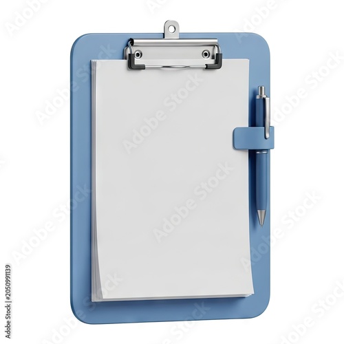 Blue clipboard with blank paper and pen isolated on white background.