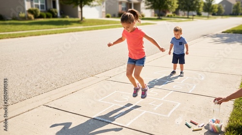 Children Playing Hopscotch on Sunny Sidewalk During Active Neighborhood Day