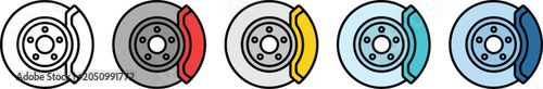 Brake disc icons set showing various automotive car parts with colorful calipers in a flat vector design style isolated illustration