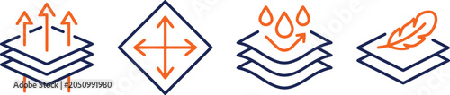 Fabric icons set showing breathable waterproof material properties with arrows water droplets and a feather in modern line art style