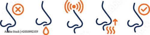 Nose symptom icons showing runny nose nasal congestion and breathing difficulties with correct and incorrect check mark symbols set