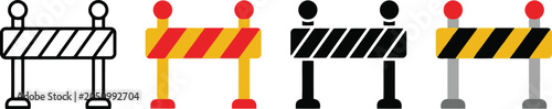 Road barrier icons set featuring various striped construction barricade designs in flat vector style for safety and traffic management signs