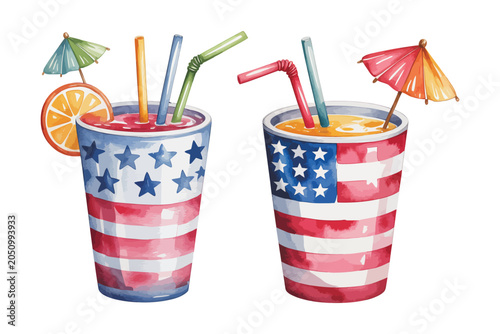 Watercolor Patriotic Drink Cup Clipart, USA Summer Beverage Illustration, Isolated on White