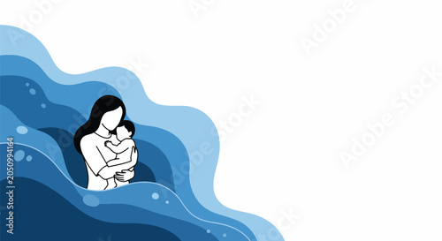 Mother holding baby in abstract blue waves, symbolizing nurture, protection, and the flow of life
