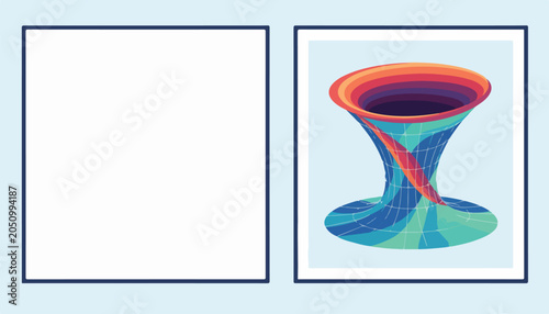 Abstract 3D rendering of a wormhole or black hole singularity with colorful swirling vortex and grid pattern