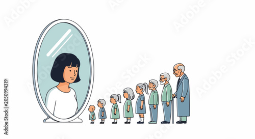 Woman sees her reflection in mirror showing her aging process from childhood to old age, symbolizing life stages and time passing.