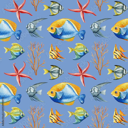 Photography tropical fish watercolor seamless pattern with starfish coral and colorful ocean