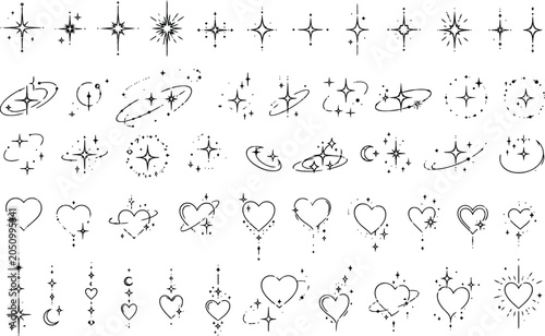 Twinkle stars with orbits, linear hearts with glitter sparkles. Cosmic aesthetic line sparkle star symbols, modern celestial tattoo design, abstract starbursts or magical glint elements vector set