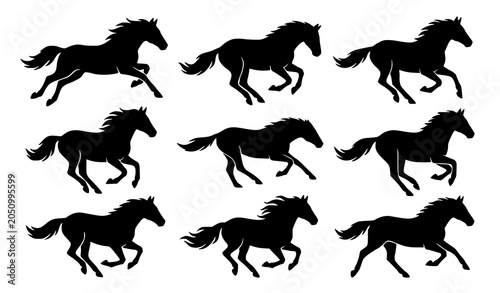 Obraz na płótnie Galloping Horse Silhouette Vector Set with Dynamic Running Equine Motion Poses