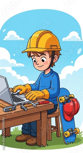 Young Construction Worker Using Laptop at Desk.