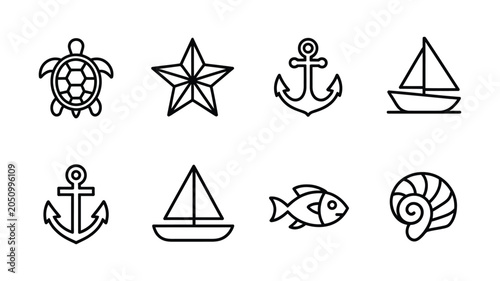 Foto Nautical icon set featuring turtle starfish anchor sailboat fish and seashell in