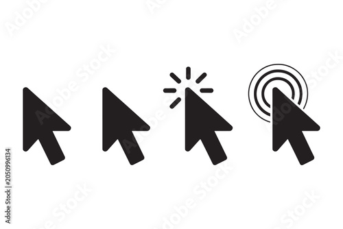 Four black computer mouse cursor in a row on a white background showing different states of interaction including a standard pointer a clicking pointer and a circular selection indicator