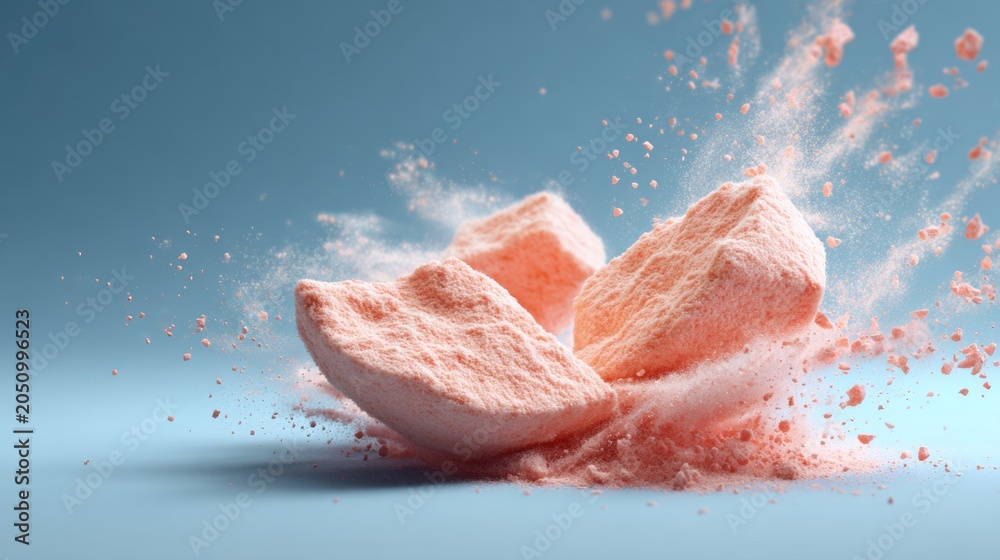 Fototapeta premium Exploding Pink Powder Makeup Texture on Blue Background
