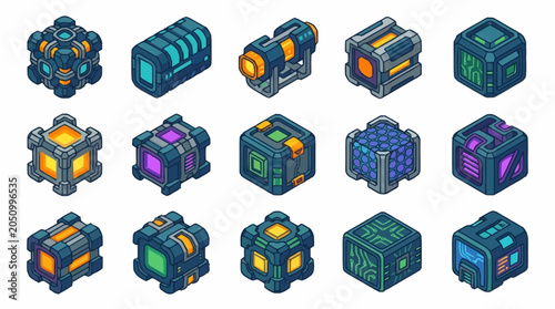 Photos Set of isometric sci-fi loot boxes and futuristic containers for video games