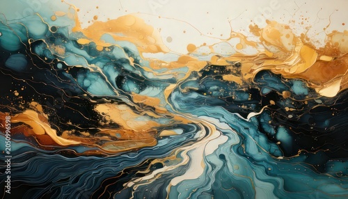 Abstract Fluid Art - A Mesmerizing Blend of Teal, Gold, and Black.