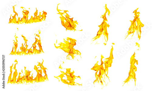 Foto Collection of realistic yellow fire flames isolated on a white background