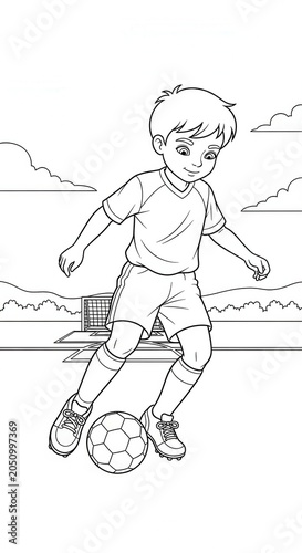 Young Boy Playing Soccer Coloring Page.