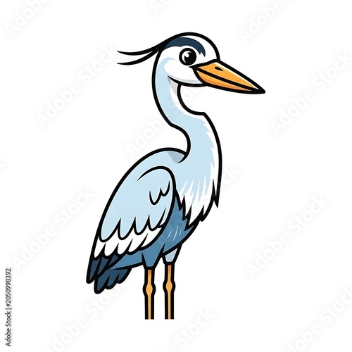 Blue and white heron bird standing illustration.