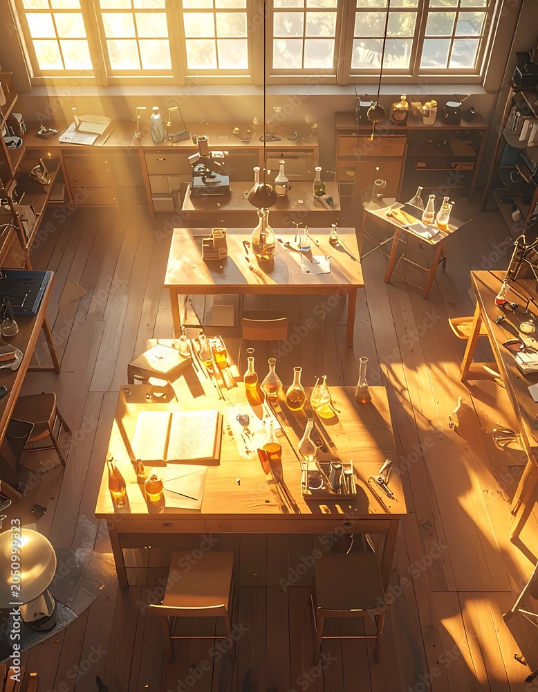 Fototapeta premium A well-lit laboratory with various equipment on wooden tables