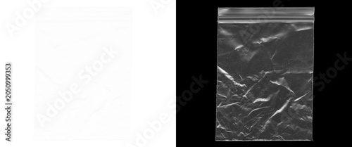 Tableau sur toile Crumpled plastic bag texture on black background, transparent zip lock baggie wi