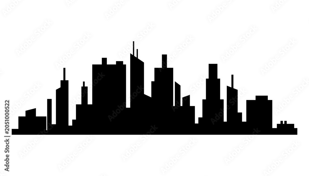Obraz premium Cityscape silhouette. City building, night town and horizontal urban panorama silhouette. Modern urban landscape. Monochrome panoramic view